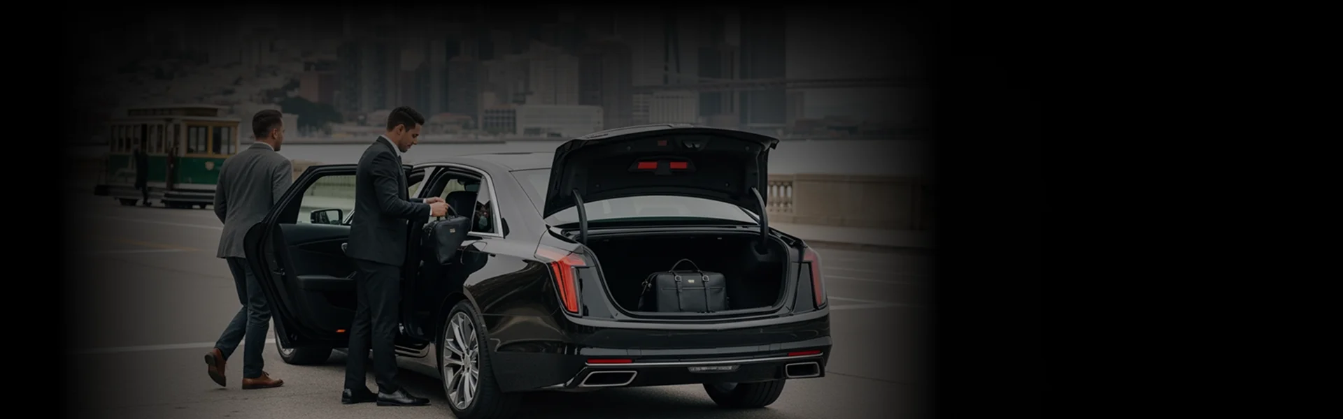 A slightly dark image showing a chauffeur in a dark suit helping a business passenger in a grey suit exit a black luxury sedan. The chauffeur is holding a briefcase, and another briefcase is visible in the open trunk of the car. They are on a city street near a waterfront, with a classic cable car or streetcar visible in the blurred background on the left, and a city skyline in the distance.