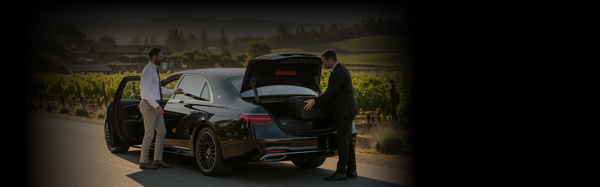 A chauffeur in a black suit places a black suitcase into the open trunk of a luxury black sedan (likely a Mercedes-Maybach) on a sunlit road. A second man in a white shirt, tie, and light pants stands at the front passenger door, about to get into the car. The scene is set on a road winding through a vineyard with green grapevines and a dark wooden building in the background.