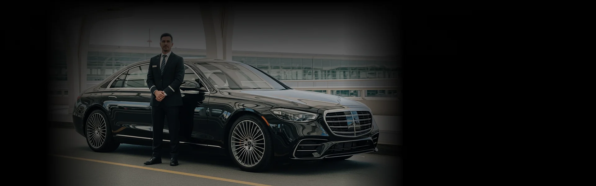 Chauffeur in a dark suit standing next to a black Mercedes-Benz S-Class sedan at what appears to be an airport.