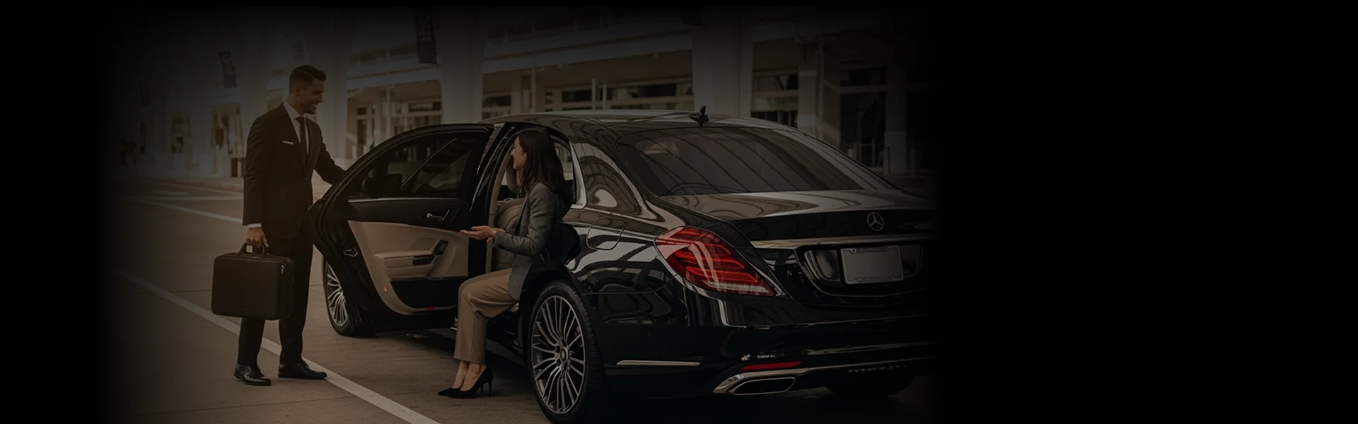 A chauffeur in a suit and tie is holding the rear door open for a woman in business attire as she steps into a luxury black sedan at an airport curbside drop-off.
