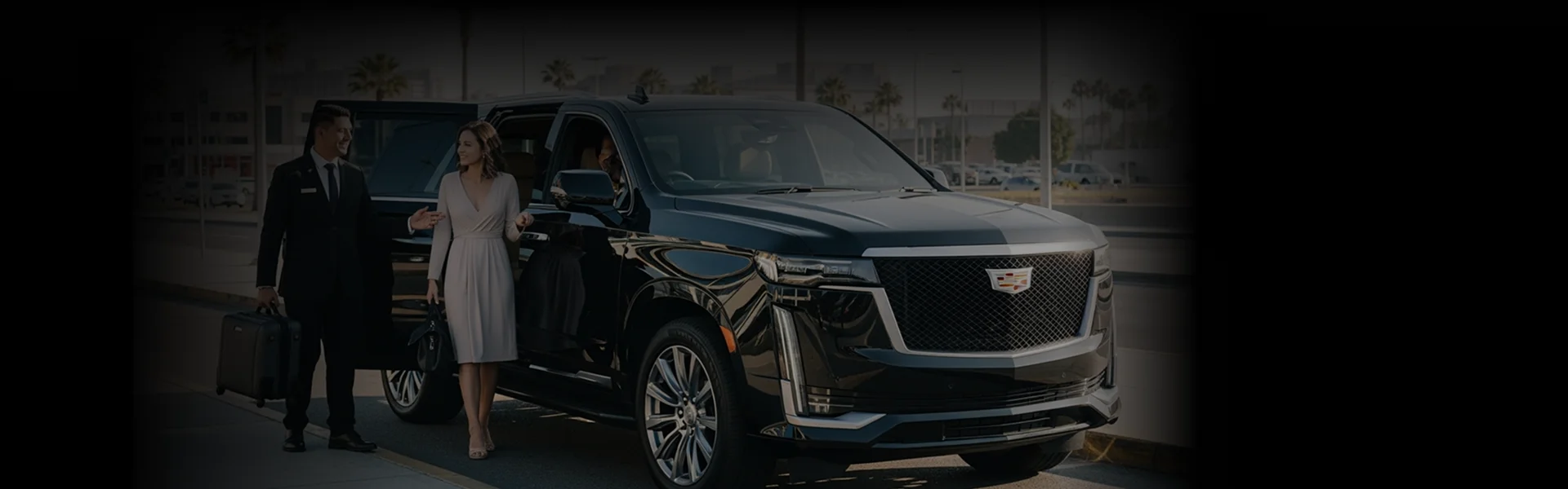 A chauffeur holding a small suitcase assists a woman exiting a black Cadillac Escalade SUV with palm trees slightly visible in the background.