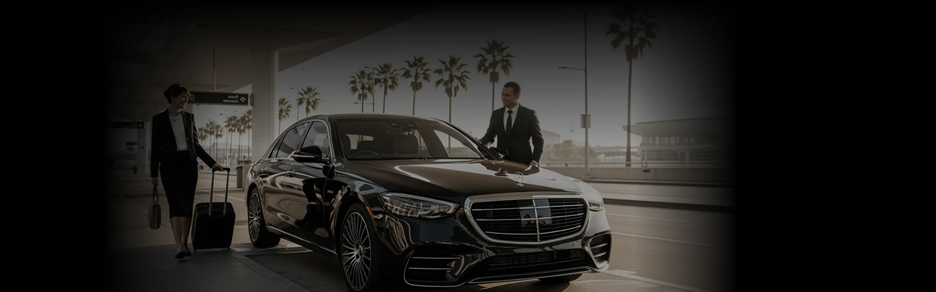A chauffeur in a suit holds open the door of a black sedan for a female passenger with luggage.