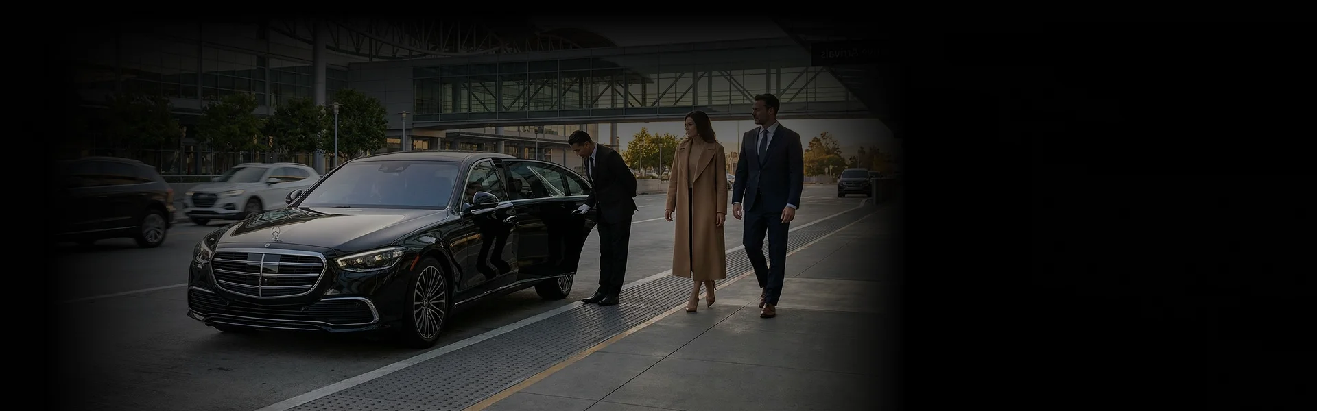 A chauffeur in a suit opens the rear door of a black Mercedes-Benz sedan for a professionally dressed couple outside a modern building.