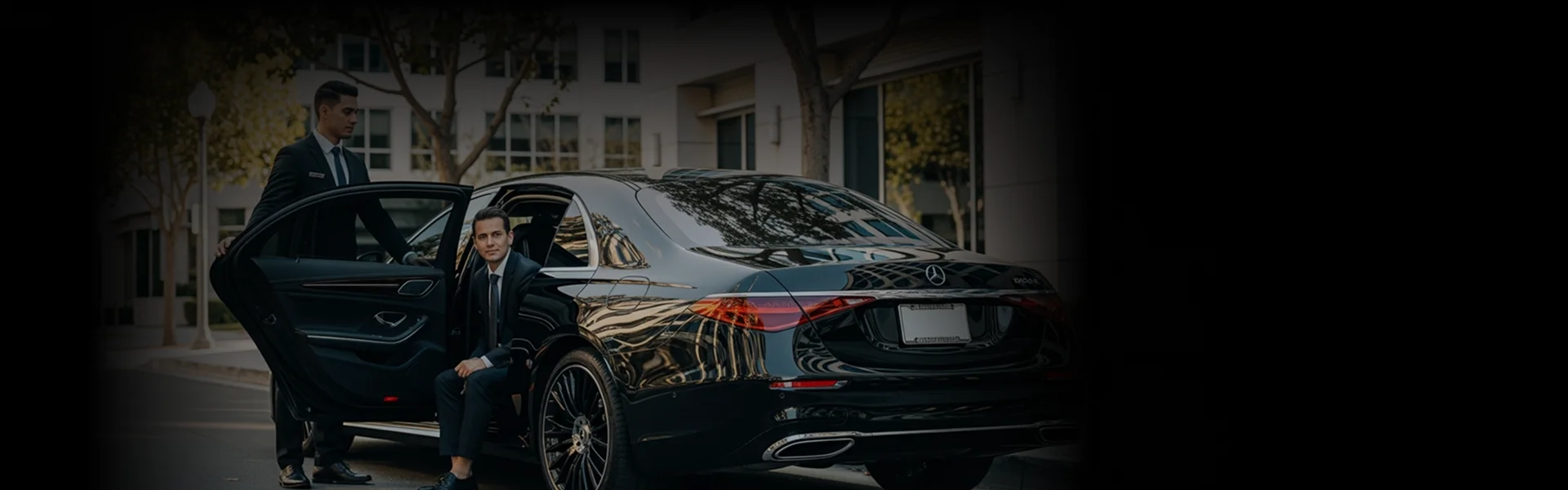 A professional chauffeur in a dark suit holds open the rear door of a black luxury sedan for a well-dressed passenger seated inside.