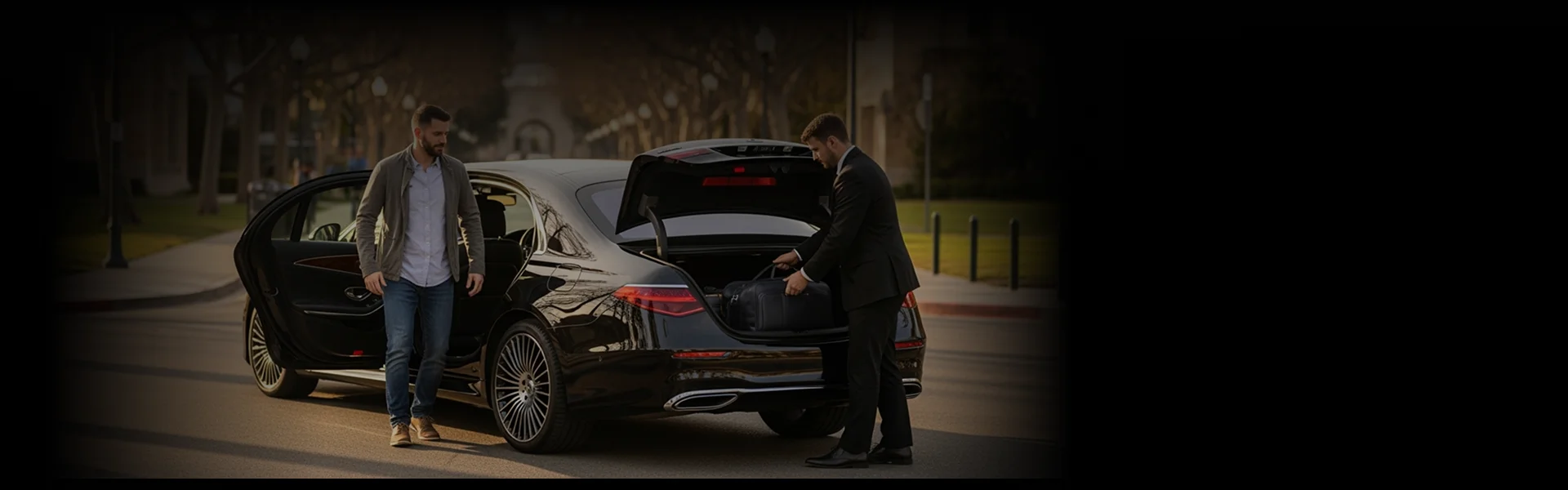 A chauffeur in a black suit places a dark suitcase into the open trunk of a luxury black sedan (likely a Mercedes-Benz). A male passenger, dressed in a casual jacket and jeans, stands next to the open rear door of the car. The scene is outdoors on a wide, tree-lined suburban street.