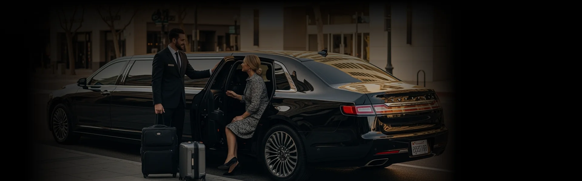 A chauffeur in a dark suit stands next to a black stretch limousine, holding the open door for a well-dressed woman who is seated inside the back of the car. Two small, dark suitcases rest on the ground near the door. The scene is outdoors on a city street at dusk.