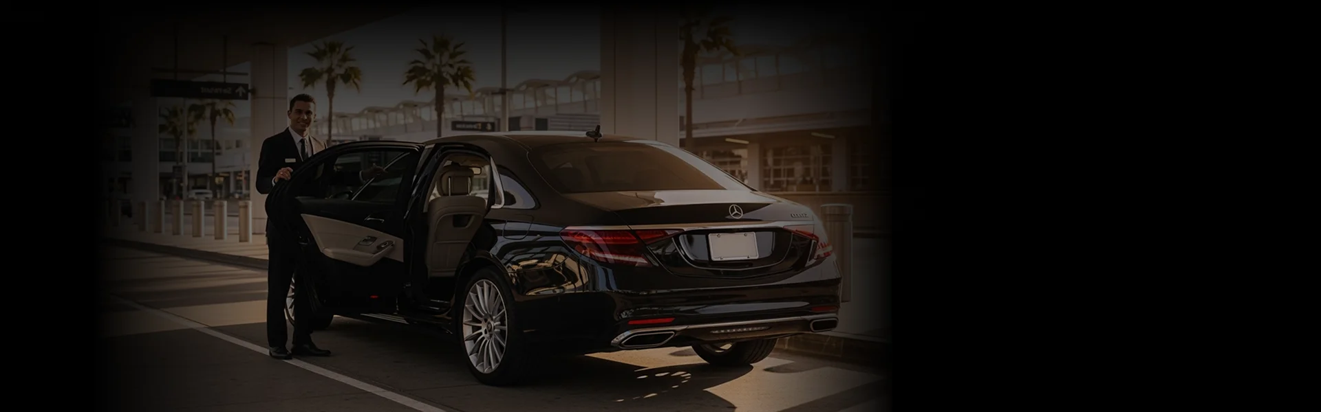 A chauffeur in a suit smiles while holding the open door of a black Mercedes-Benz S-Class sedan. The image is taken at dusk or filtered dark.