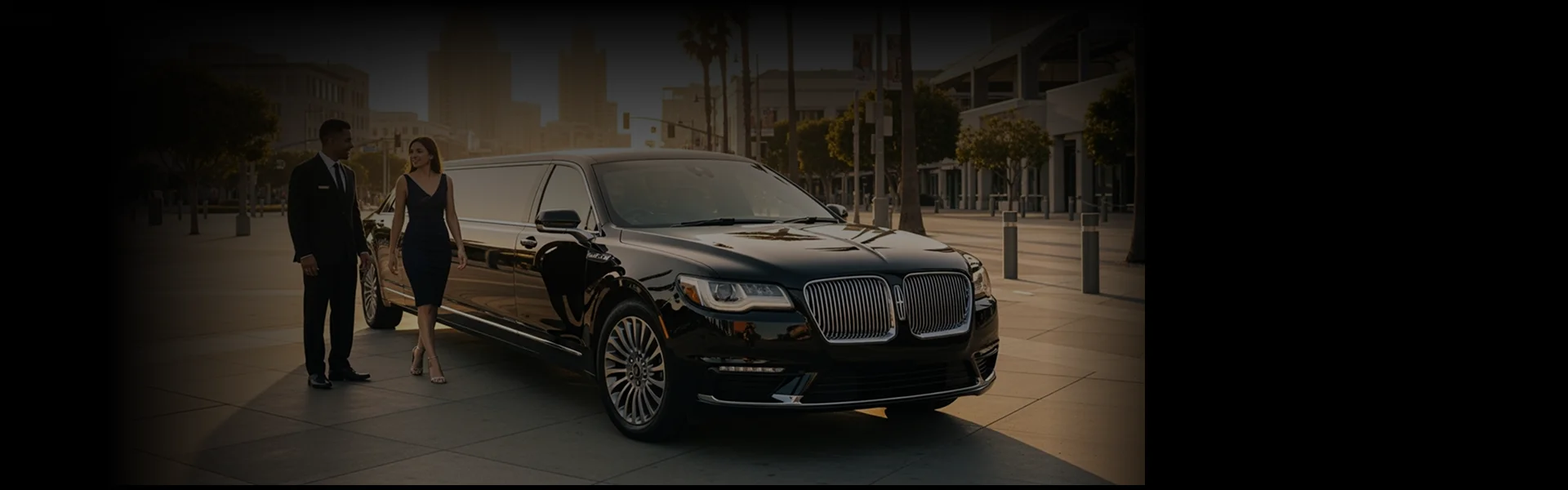 A chauffeur and a woman in a black evening dress stand next to a black stretch limousine with a city background.