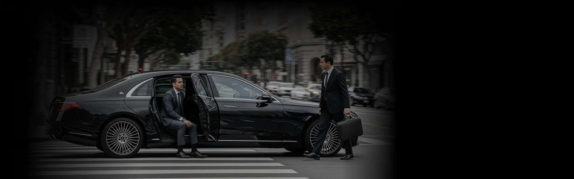 A businessman in a suit is seated in the back of a black luxury sedan with the door open, while a chauffeur, also in a suit, approaches the car holding a suitcase on a city street.