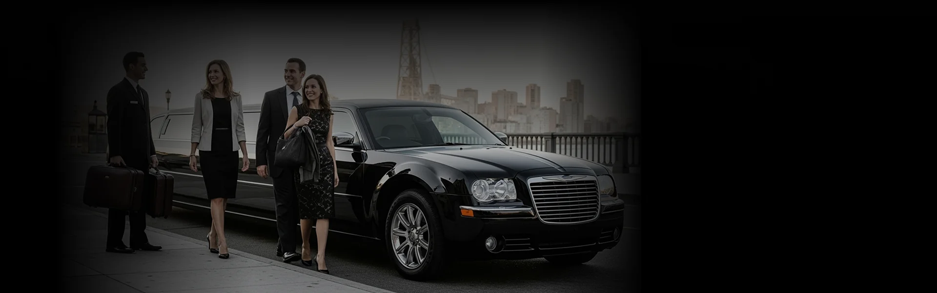 Three elegantly dressed passengers, two women and a man, are smiling as they walk away from a black stretch limousine, while a chauffeur holding two briefcases stands nearby, with a city skyline and bridge visible in the background.